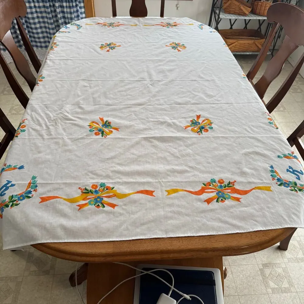 Fabric Painted Floral Tablecloth Monogram K Yellow Orange Cottage Core 54x68